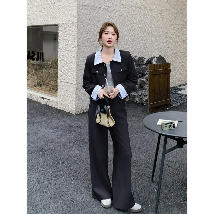 绿豆色韩系条纹拼接小西服套装女2025秋季高级感气质阔腿裤两件套