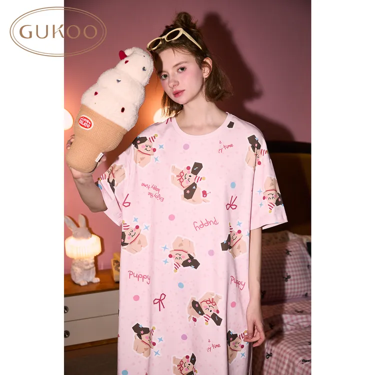【Gukoo果壳】睡裙女夏季派对小狗印花新款爽滑简约女士家居服睡裙