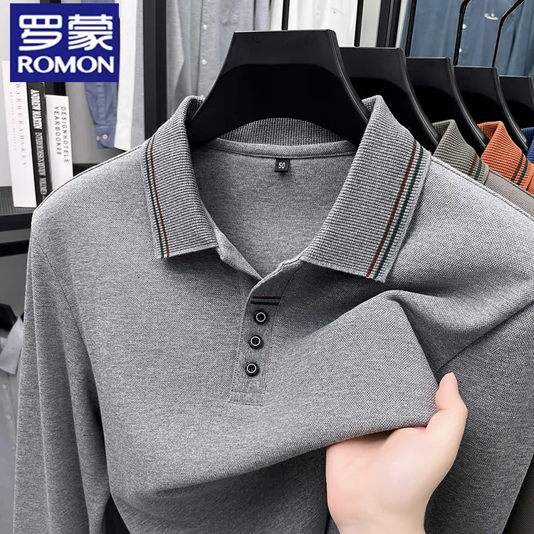 罗蒙秋季男士100%纯棉长袖t恤polo衫中年纽扣款宽松体恤上衣男装