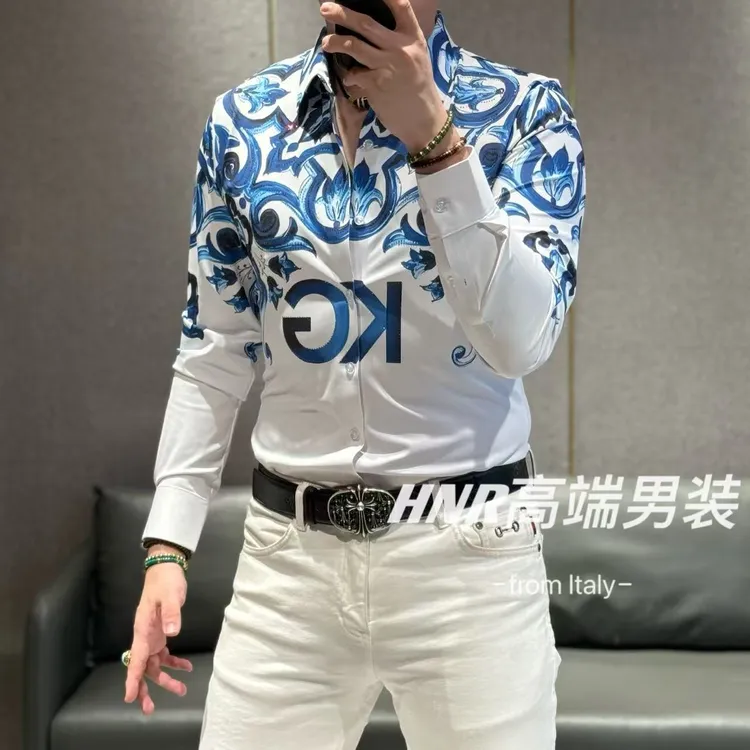青花瓷风格高弹力莱卡面料奥钻点缀高端男士长袖衬衫82563