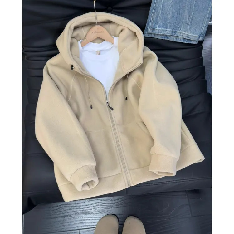 纯色摇粒绒开衫卫衣男秋冬新款美式复古高级感重磅情侣装连帽外套