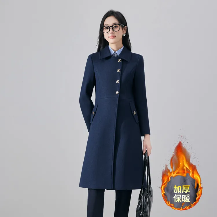秋冬职业夹棉厚毛呢大衣女中长款工作服酒店前台接待呢子外套工装