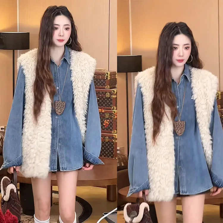 春季搭配一整套流行套装牛仔衬衫时尚马甲百搭短裤三件套