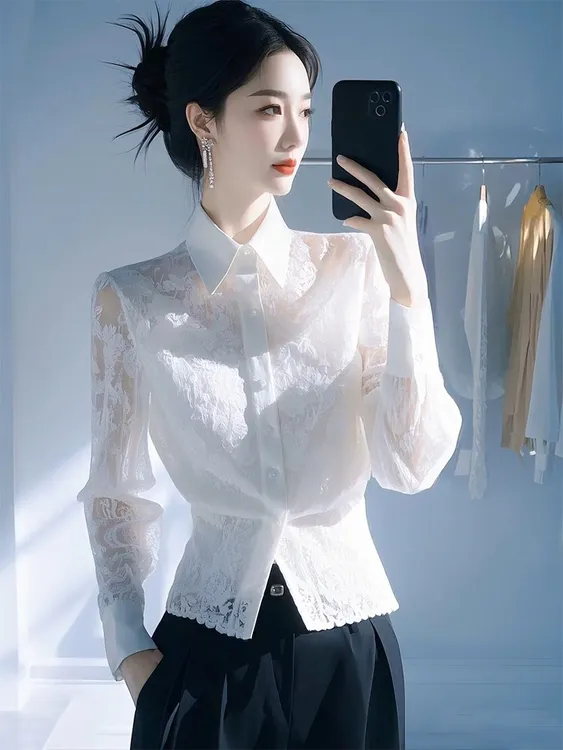 SS788洋气高端白色长袖蕾丝衬衫女早春新款独特别致法式职业衬衣