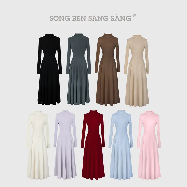 松本丧丧黑色半高领毛感收腰显瘦A字长袖收腰长裙连衣裙B254Q1859