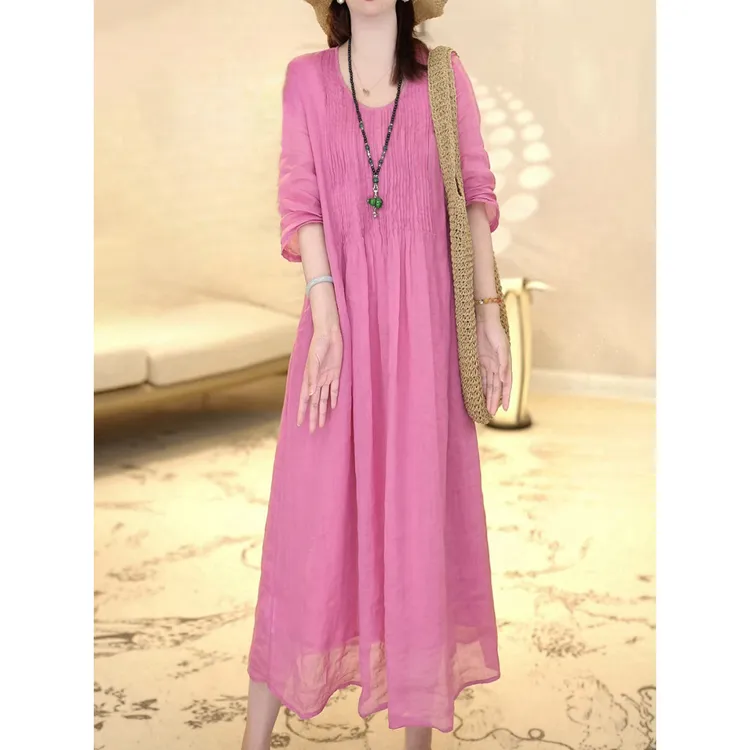 纯色棉麻连衣裙女2025夏季新款大码宽松显瘦时尚休闲洋气质长裙子