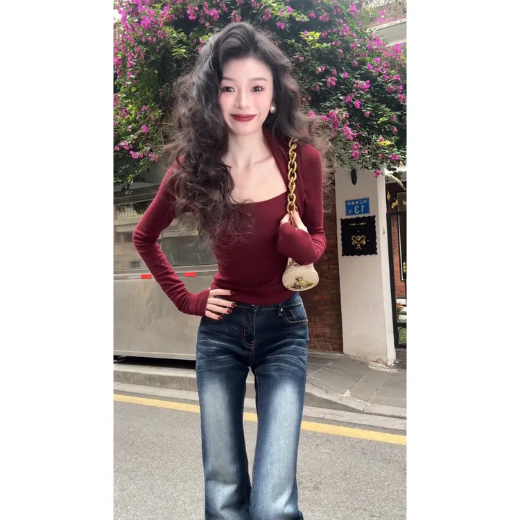 辣妹假两件方领长袖针织衫女2026新款秋冬高级感褶皱修身打底上衣