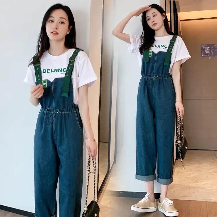 小个子桔梗背带裤女夏季洋气减龄直筒牛仔裤高腰可盐可甜阔腿裤子