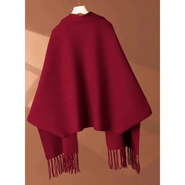 2023春、秋、冬女用海角旗袍披肩新羊毛斗篷婚母针织女外袍红色