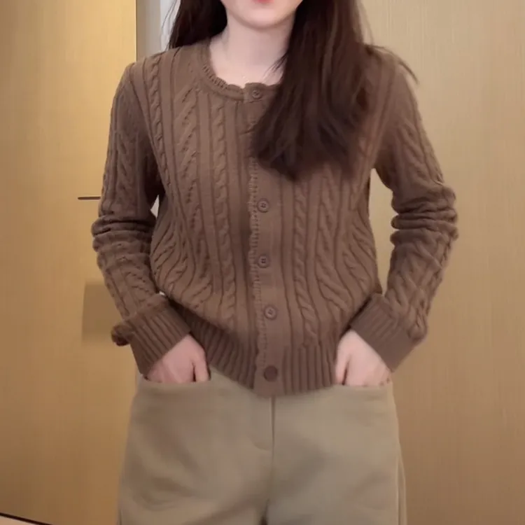 《加浓美式》美拉德复古圆领麻花针织开衫秋冬新款时尚百搭百搭上衣