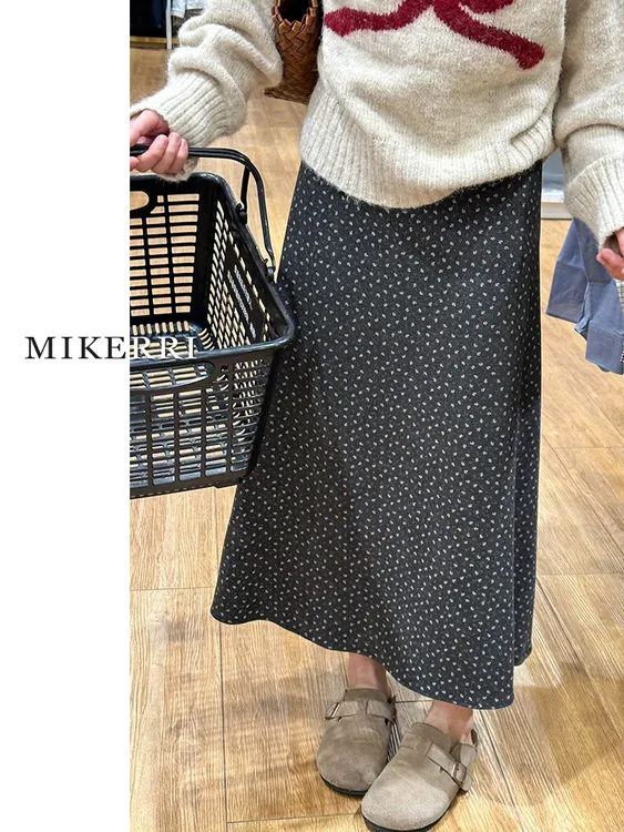 灰色碎花毛呢半身裙女秋冬小个子显瘦中长款a字伞裙子