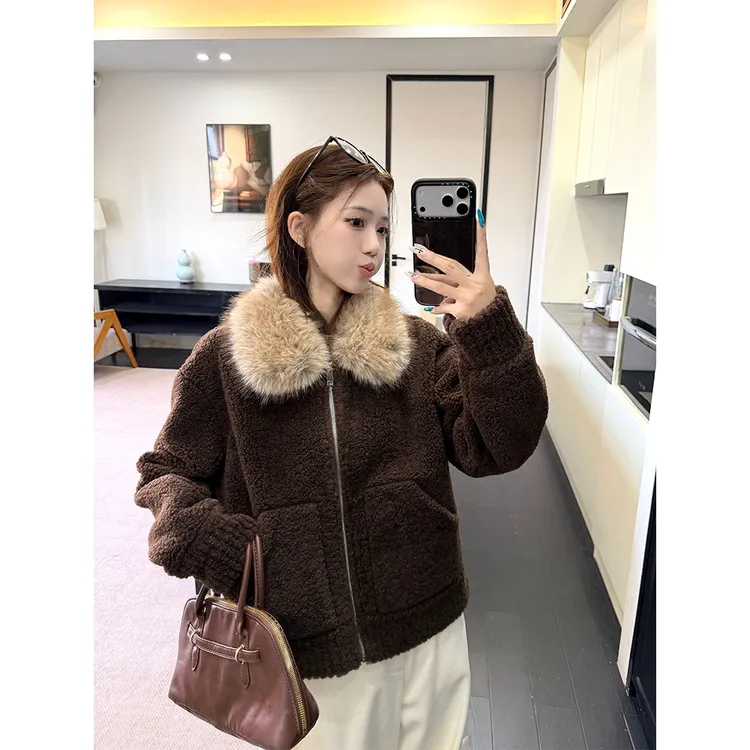 【冬日暖绒】秋冬毛领保暖厚款韩系一体毛毛外套女 23356#