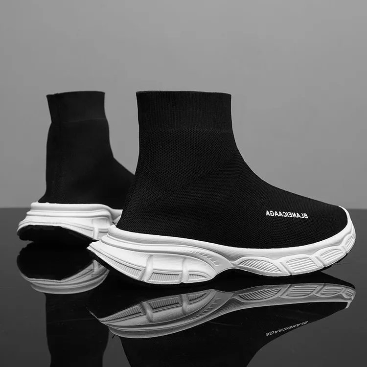 男鞋2025新款夏季网面飞织黑色高帮袜子鞋青少年软底休闲运动潮鞋