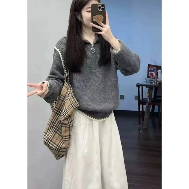 法式翻领灰色半拉链毛衣女秋冬宽松慵懒风长袖针织衫早秋chic上衣