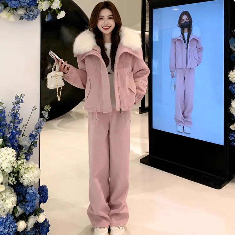 粉色设计感保暖毛领棉衣外套棉服女秋冬季套装阔腿裤直筒裤两件套
