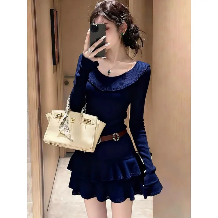 秋冬巨好看的配大衣打底小短裙富家千金miu系穿搭假两件连衣裙