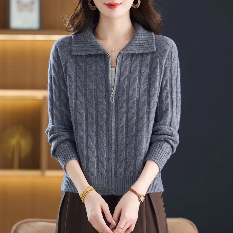 毛衣外套女翻领羊毛衫外搭春秋短款针织开衫小个子拉链专柜正品