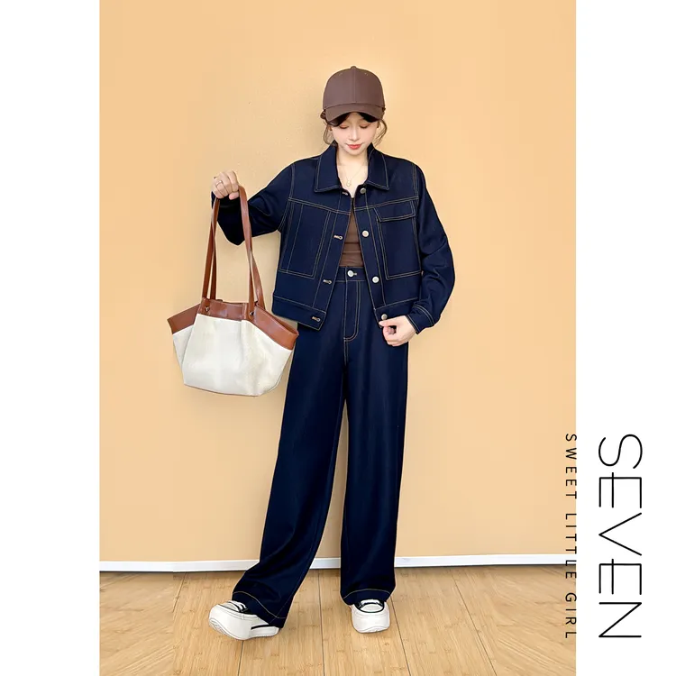 丹宁套装⑧七七146小个子复古丹宁深蓝高腰牛仔裤两件套装女小美说