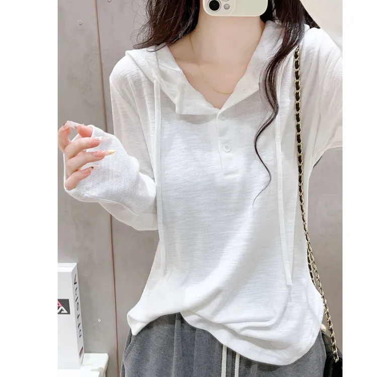欧货白色连帽长袖T恤女秋冬宽松休闲时尚设计感小众别致洋气上衣