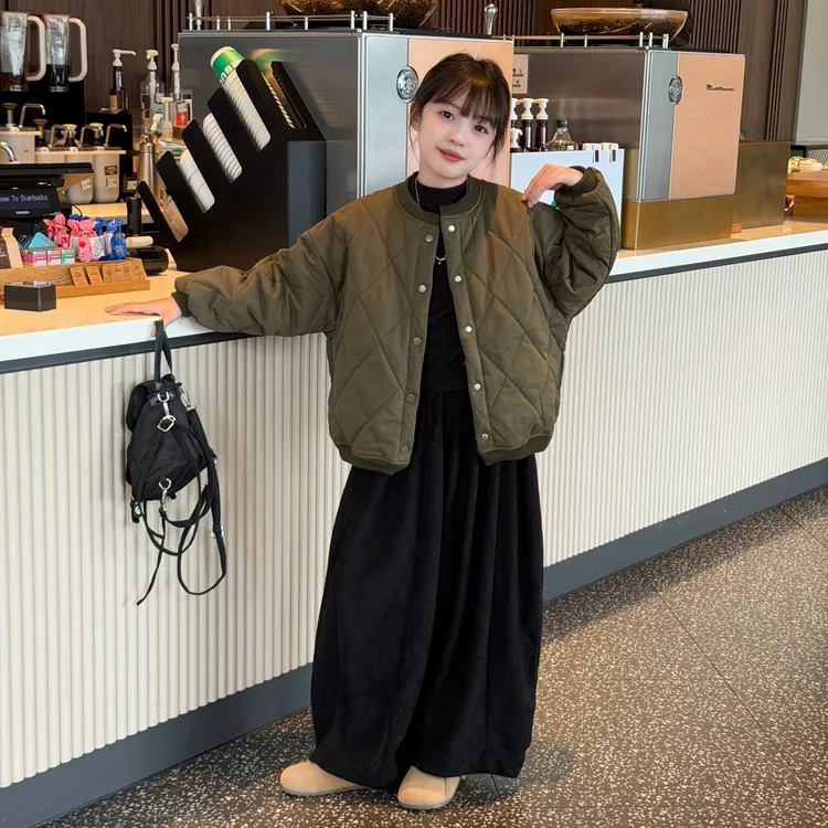 女童夹棉夹克加厚棒球服外套2025新款秋冬保暖时尚加绒弯刀阔腿裤