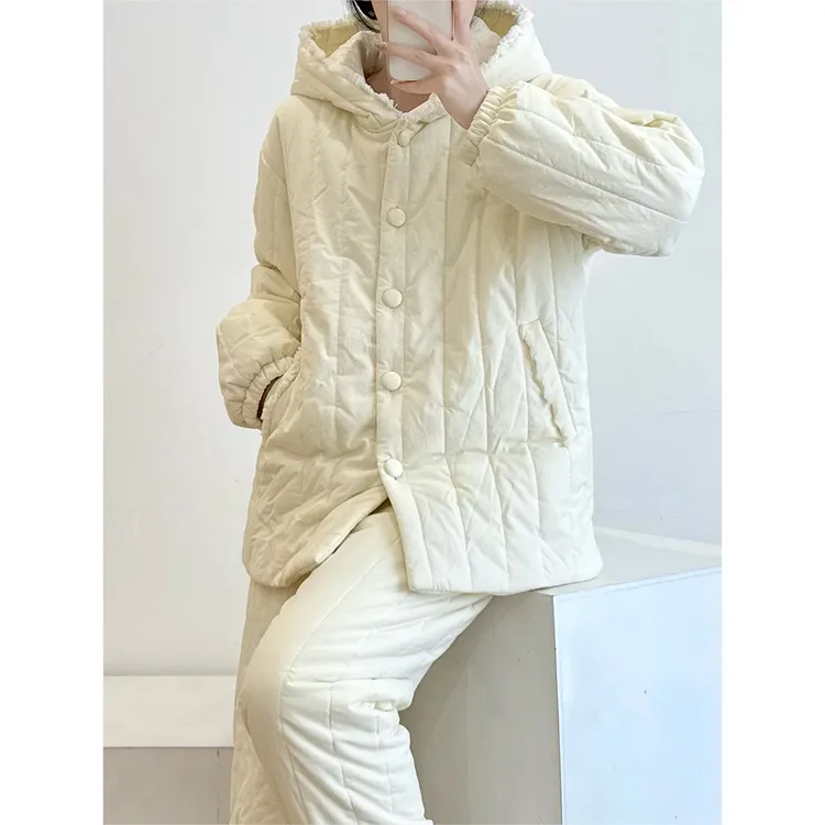 高级感简约三层加厚夹棉睡衣女冬季连帽棉服保暖家居服套装可外穿