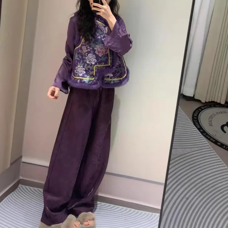 新中式浮光锦秋冬小个子阔腿裤国风复古百搭宽松加绒加厚弯刀裤女