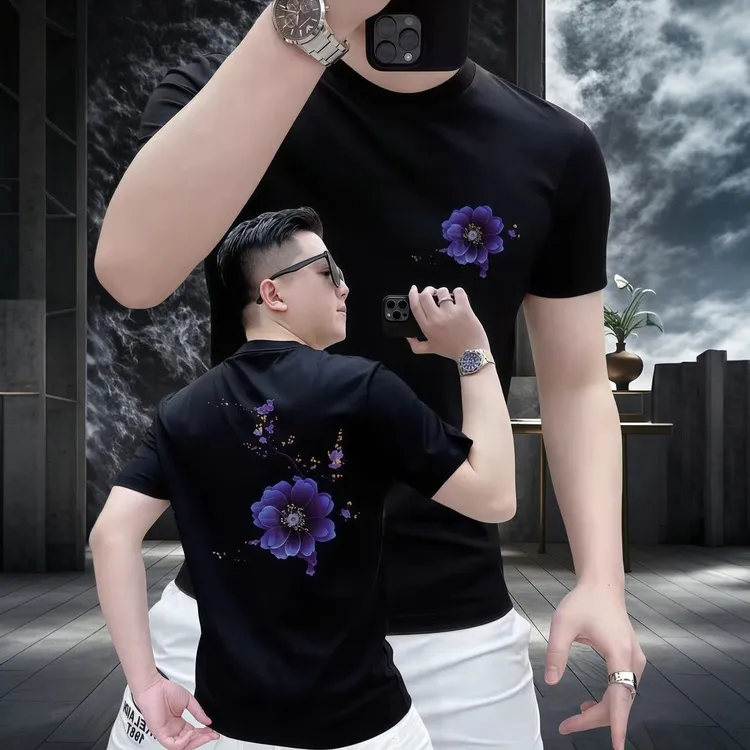 男士重磅纯棉短袖T恤夏季新款网红国潮风印花修身百搭圆领上衣男