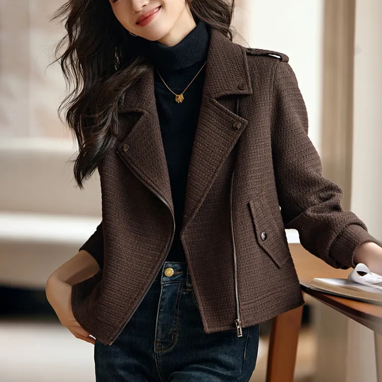 加厚粗纺呢夹克短款外套女2025秋冬季新款保暖翻领百搭设计感上衣
