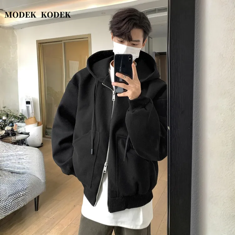 MODEK KODEK复古潮牌新款毛呢连帽卫衣男士高级感宽松夹克外套男