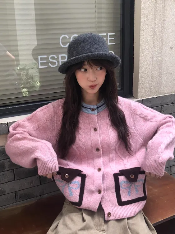 韩国hone秋新款毛衣圆领针织开衫麻花撞色口袋蝴蝶结韩系时尚甜美