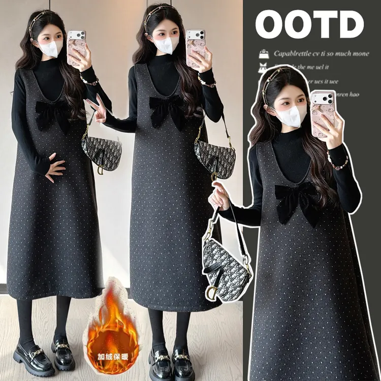 【橙子】孕妇连衣裙套装秋冬韩版波点加绒加厚背心裙打底衫两件套