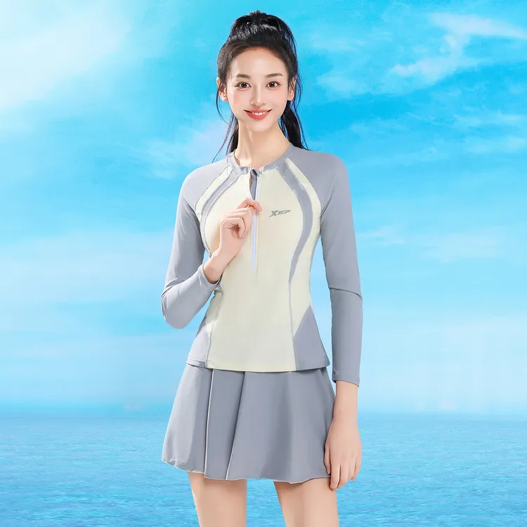 特步泳衣女2025新款保守分体裙式泳衣长袖遮肚显瘦休闲运动游泳装