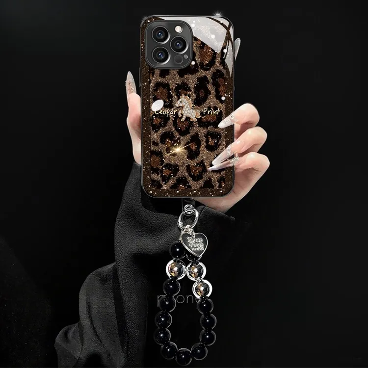 适用高级豹纹小马苹果17电镀玻璃手机壳创意oppo华为vivo小米手链