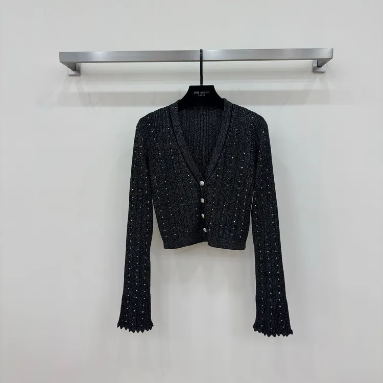 【西西高定】重工名媛时尚烫钻V领微喇叭袖针织开衫