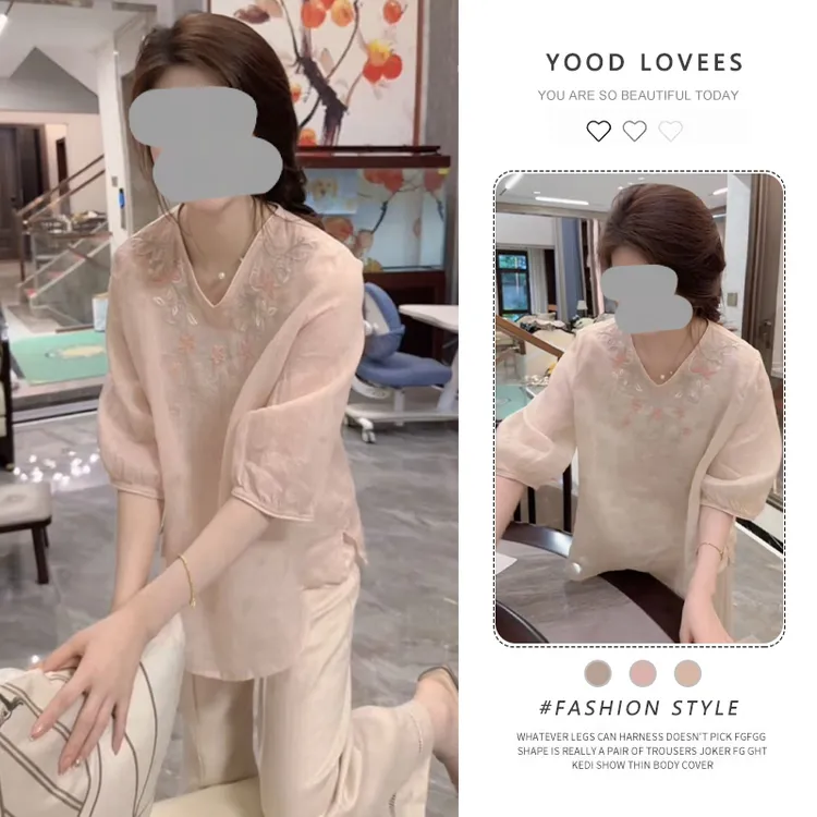 新中式国风五分袖衬衣高腰休闲长裤女2025夏季新款小众设计感套装