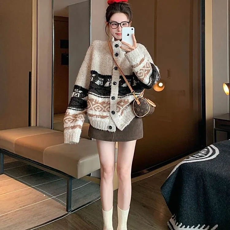 费尔岛立领毛衣外套男女2025新款秋冬加厚宽松休闲慵懒风针织开衫