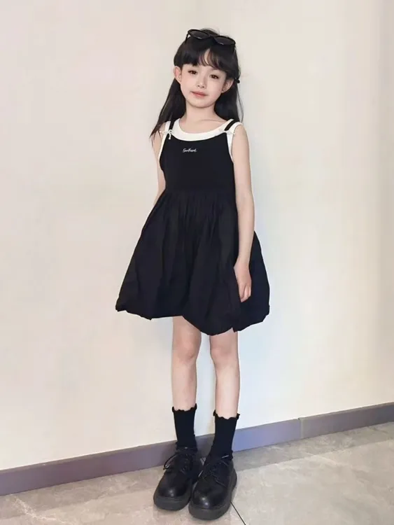 女童连衣裙夏2025新款女孩夏季洋气公主花苞裙儿童夏装黑色吊带裙