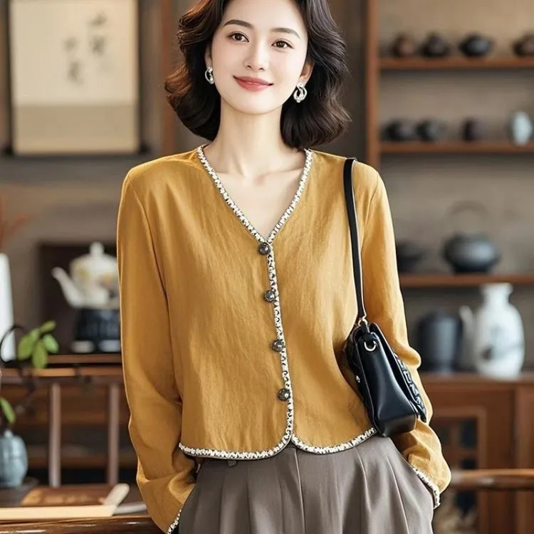 2025法式春季新款短款衬衫长袖气质复古上洋气长袖衬衫V领小衫女