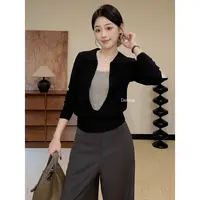 【Datong】早秋新款设计感拼接假两件针织衫女别致长袖毛衣