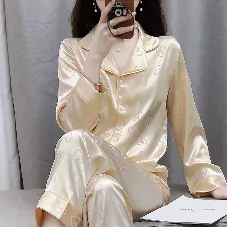 2025年新款冰丝睡衣女长袖春秋季高级感薄款香槟色夏天家居服套装