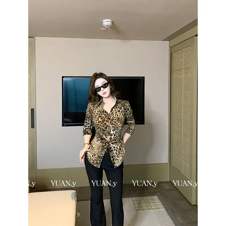 媛媛【野性豹纹】豹纹秋冬新款收腰显瘦时尚修身长袖上衣女#CS0105