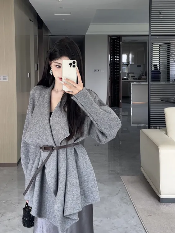 春日部【格调庄园】韩版气质慵懒风高级感灰色翻领秋冬外套01215