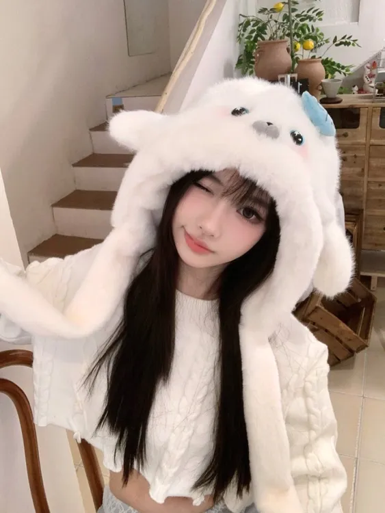 可爱海豹耳朵会动毛绒帽子女冬季保暖防寒护耳雷锋帽学生冬天帽子