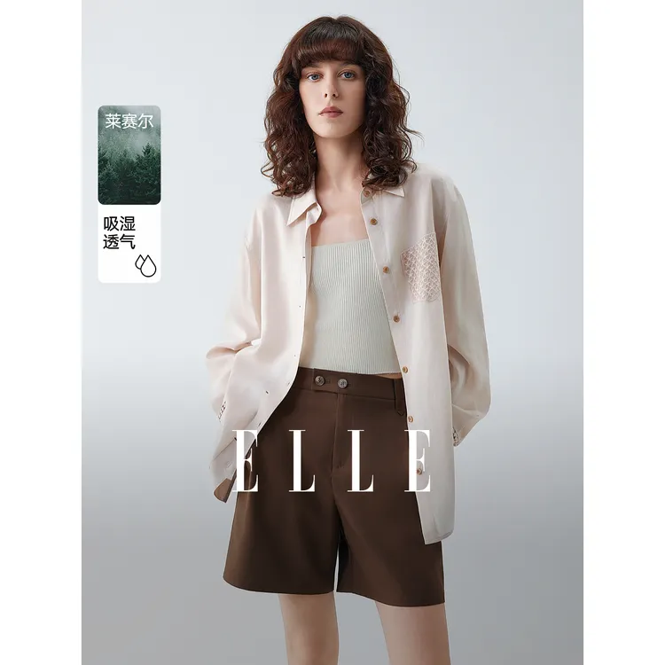 ELLE女装粉色可露丽衬衫2025秋季新款亚麻优雅莱赛尔天丝EC52456