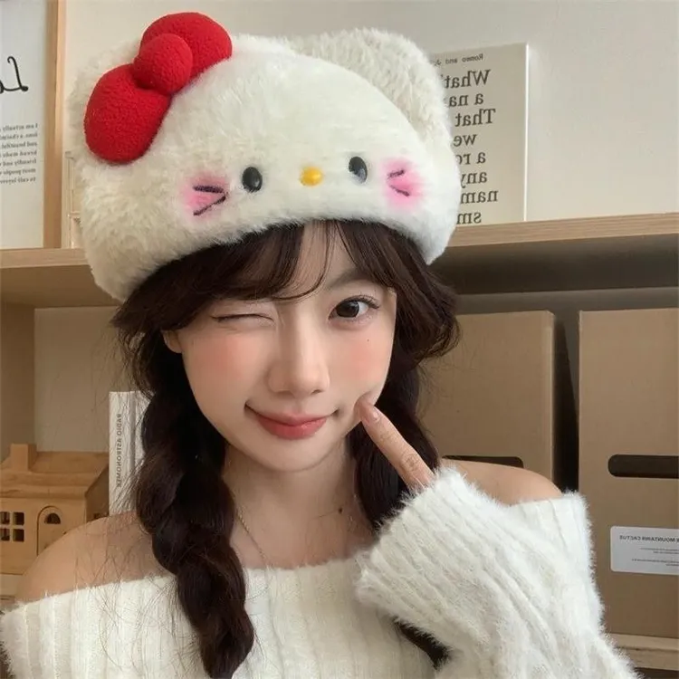 KT卡通软妹可爱蝴蝶结帽子kitty贝雷帽甜美秋冬耳朵保暖百搭女生