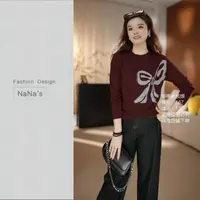 NaNa's秋季新款精纺羊毛设计师款大蝴蝶结圆领长袖针织6318