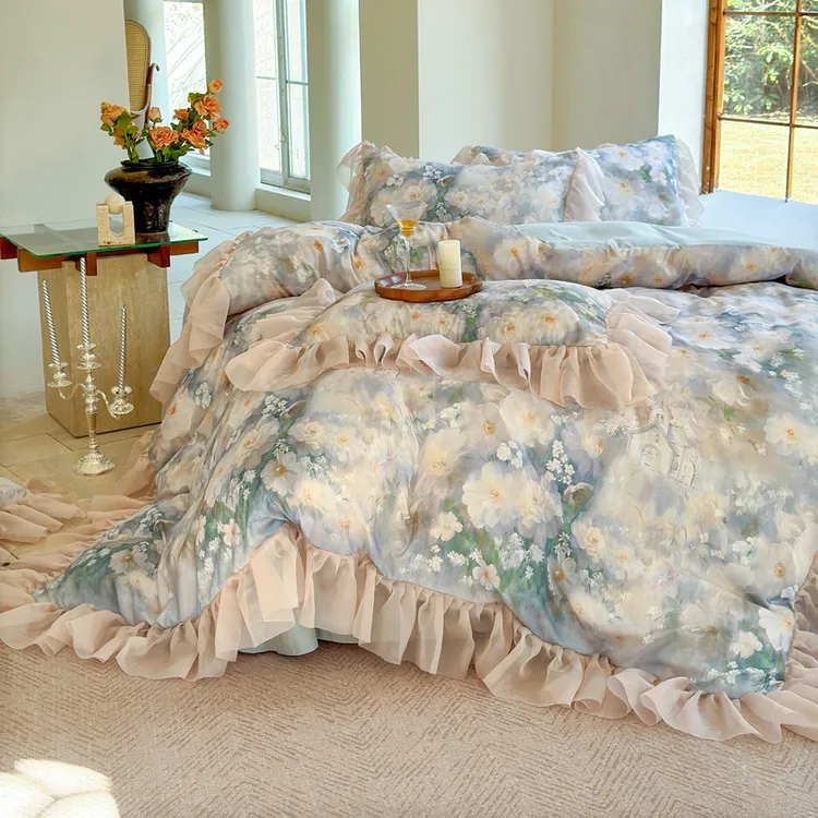 轻奢法式高克重水洗棉四件套韩式公主风蕾丝花边被套床上用品被罩
