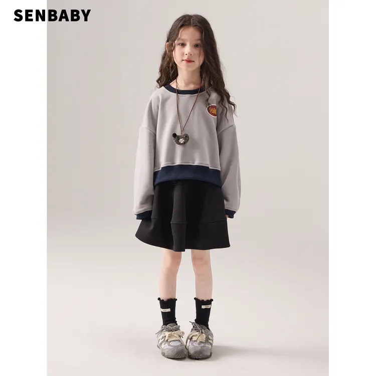 【现货抓绒内里】senbaby女童圆领套头外套秋冬儿童洋气短版卫衣