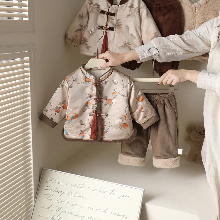 国风婴儿衣服秋冬装男宝宝新中式加绒夹棉上衣裤秋冬季衣服两件套