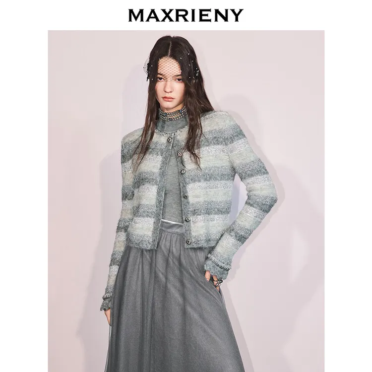 【李云霄同款】MAXRIENY格雷系穿搭条纹开衫25冬羊毛混纺针织毛衫